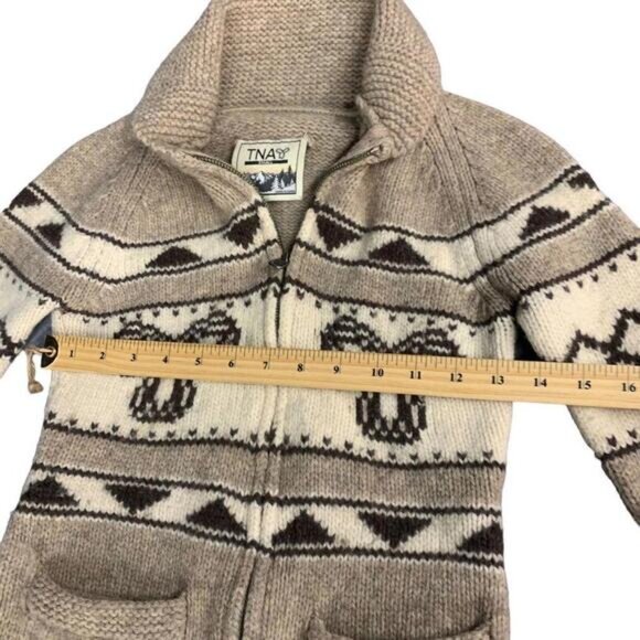 TNA Aritzia Brown 100% Lambswool Zip Up Long Sleeves Sweater Cardigan Small READ - Picture 3 of 10